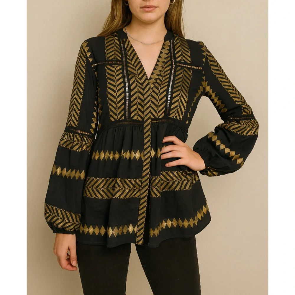 Kasia Blouse Black & Gold Balloon Sleeve Boho Geometric Babydoll Top Size Small - Picture 1 of 13